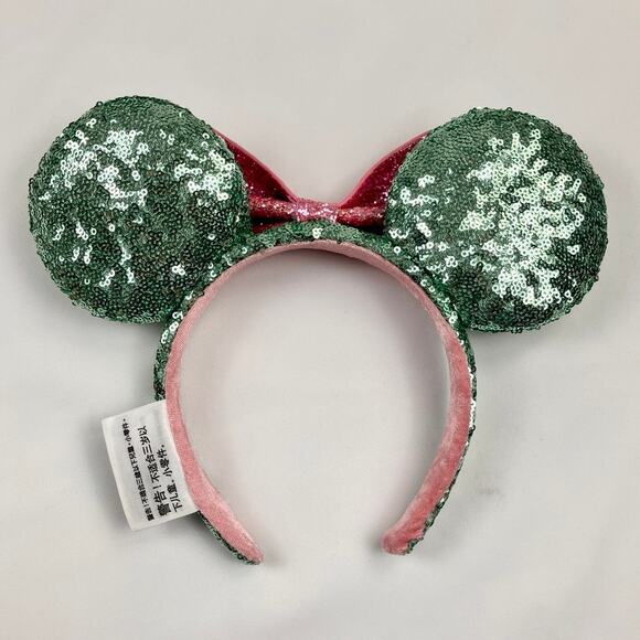 Disney Parks Sugar Rush Bow Green Sequin and Pink Glitter Minnie Ears Headband - Picture 2 of 5